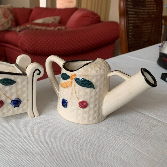 Vintage Occupied Japan set Wheel Barrow Watering Can Mini Planter Succulent - Picture 3 of 6